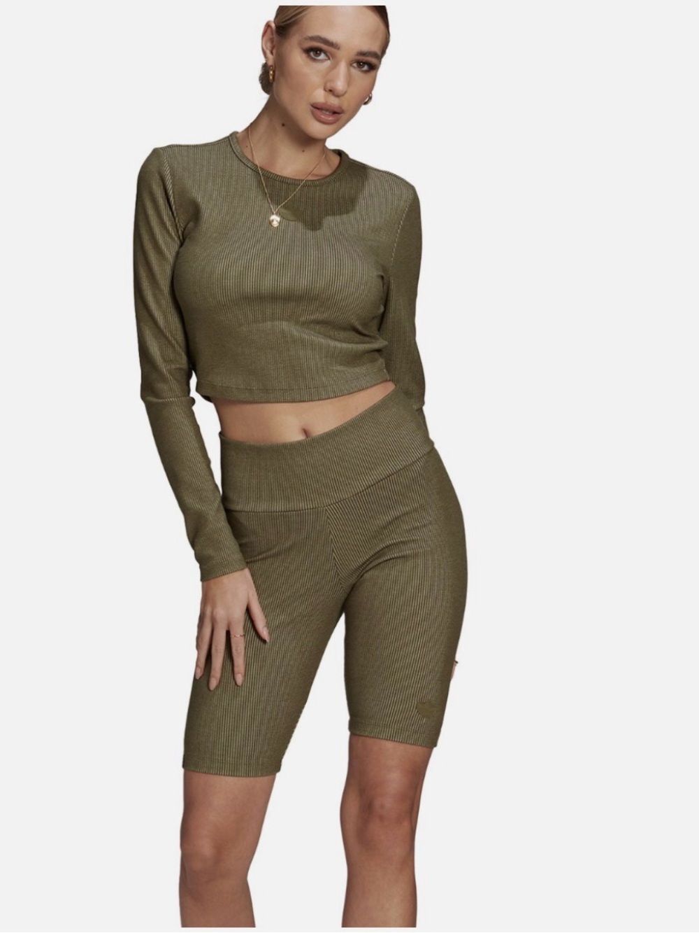 Adidas Originals Olive Green Ribbed Crew Neck Crop Top Shorts Set